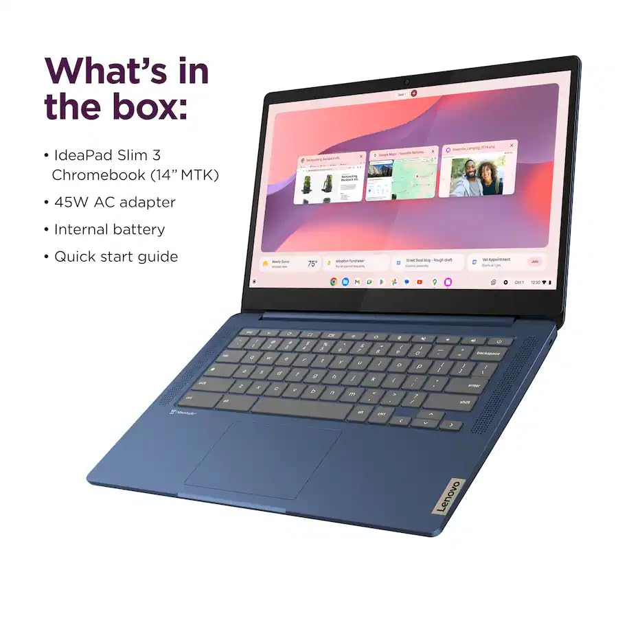 Image of Lenovo IdeaPad Slim 3 Chromebook • 14'' FHD 250nits Touchscreen • MediaTek Kompanio 520 CPU (8-Core) • 4GB LPDDR4X • 64GB eMMC & 1TB Portable SSD • Wi-Fi 6 • Chrome OS • Accessories