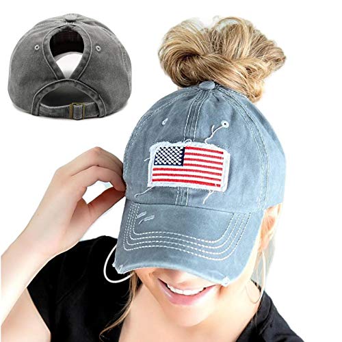 Promindfun Womens Ponytail High Messy Bun Hats Distressed Baseball Caps Unconstructed Washed Dad Hat Girls Trucker Ponycaps (12-Classic Flag Grey) #TOP7