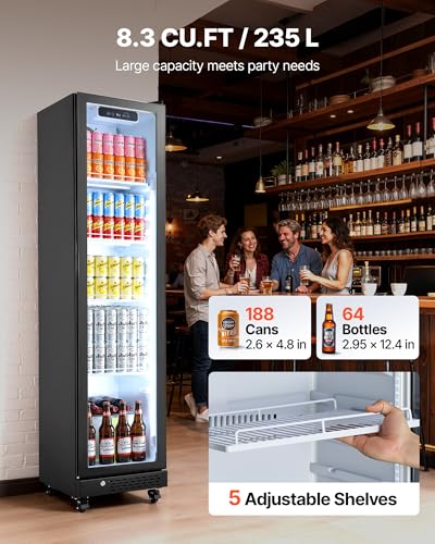 Image of VEVOR Commercial Merchandiser Refrigerator, 8.3 Cu.Ft / 235 L Glass Door Display Refrigerator, Upright Beverage Cooler Fridge with 5 Adjustable Shelves, Soft LED Light & Casters for Homes Shops Bars