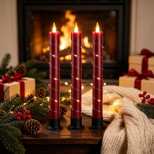 Image of Da by 3 Pack Red Dripping Wax Flameless Candles, Realistic Dynamic Flame LED Taper Candles with Surrounding Fairy String Lights, Remote Control Battery Operated Candles for Home Wedding Holiday Decor