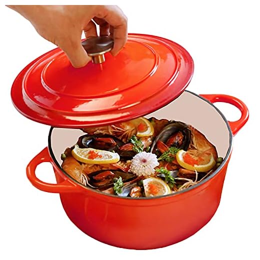 ZONSUSE Holländska ugnar, gryta skål emaljerad, rund gjutjärnspanna långvarig, naturligt non-stick emaljerad holländsk ugn, elektrisk, gas och i ugn kompatibel (röd, 26 cm)