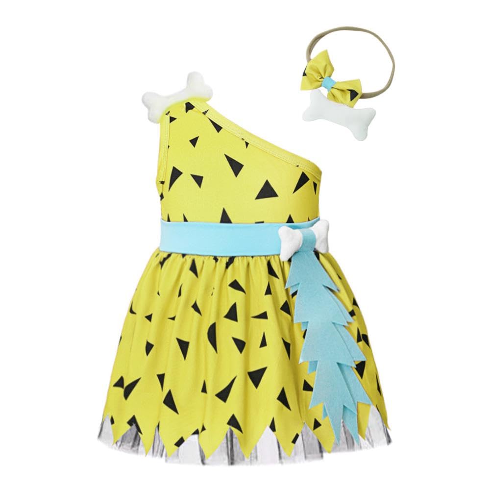 Lito Angels Flintstone Pebbles Fancy Dress Up Costume with Headband for Little Kids Girls Age 4 years, Yellow