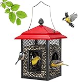 Veehoo Metal Bird Feeder for Outdoors Hanging, Fly Through Wild Birdfeeder Outside, Finch Cardinal Chickadee Feeders for Peanut Sunflower Seed, Red