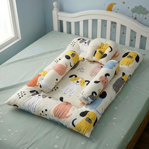 Image of StarAndDaisy Newborn Baby Bedding Set, Baby Bed Soft & Breathable, Godari Boys & Girl Design, Cushioned Mattress Sheet with 2 Side Bolster Pillows & 1 Head Pillow.