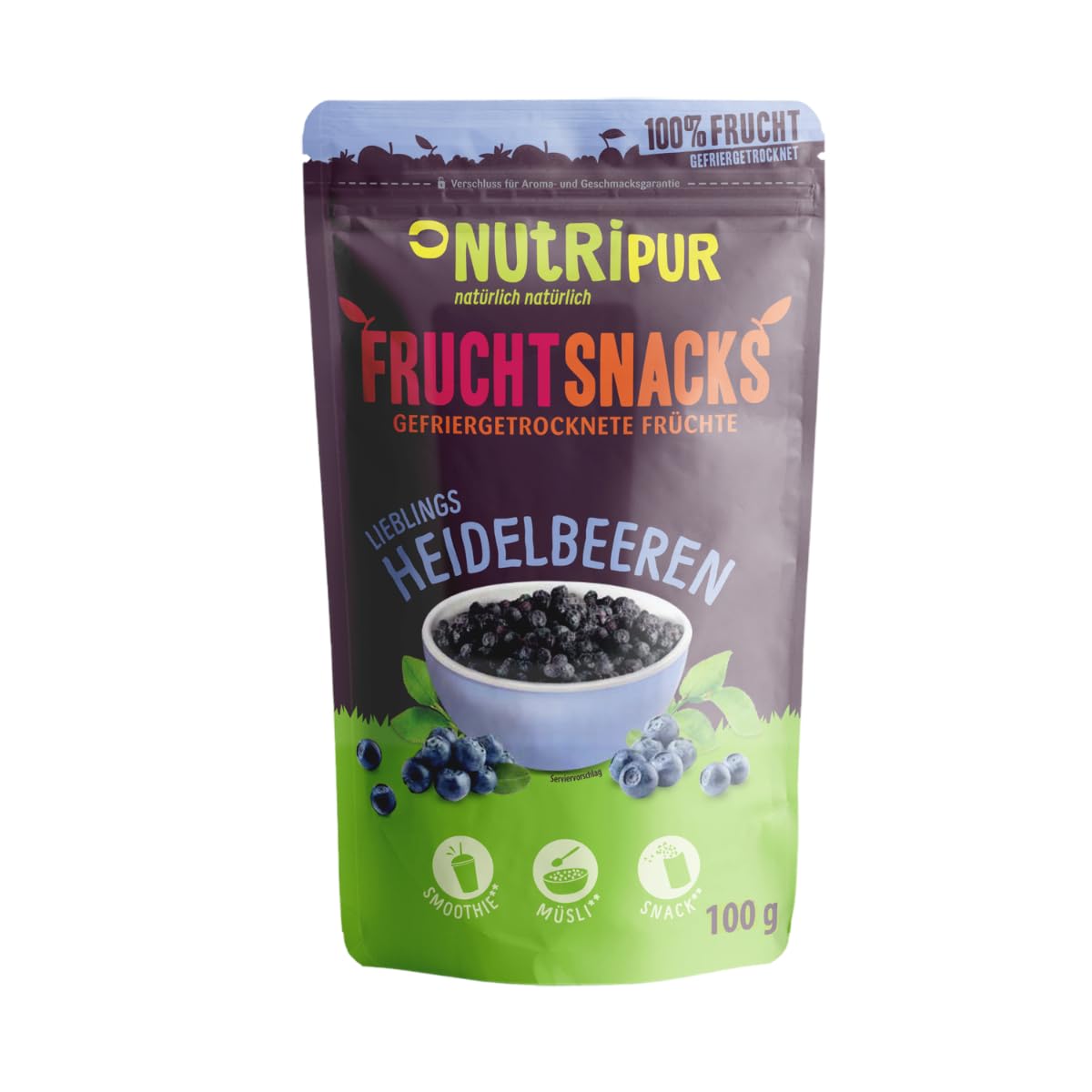 Gefriergetrocknete Heidelbeeren: 100g getrocknete Kulturheidelbeeren für Smoothie, Müsli, Porridge Topping – Gefriergetrocknete Beeren ohne Zucker Zusatz – Heidelbeeren gefriergetrocknet NutriPur