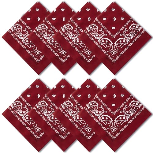 Raylarnia 8 PCS 100% Cotton Bandanas 22 Inchs Multi-Purpose Bandana Scarfs Headbands for Men and Women (8-Burgundy)