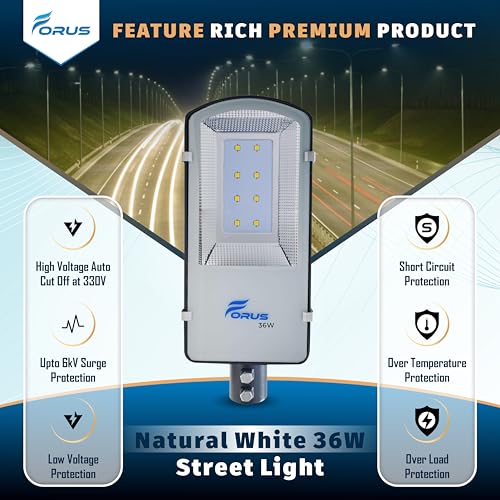 Image of Forus LED Street Light 36W - Waterproof Outdoor Street Lamp, Natural White, 5-Year Warranty, Energy-Saving 36 Watt LED for Home, Garden, Road & Street Lighting (1 Pc)