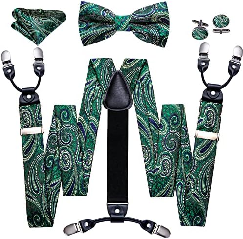 Paisley Suspender and Bow Tie Set, Mens Woven Silk Adjustable Suspender Bow Tie Pocket Square Cufflinks Set