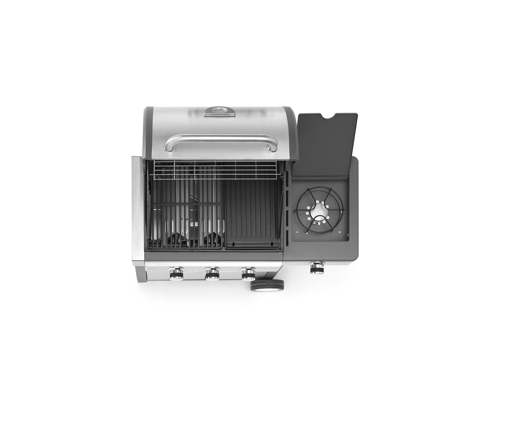 Barbecue à gaz professionnel de jardin en acier inoxydable avec cuisinière latérale, thermomètre, grille en fonte émaillée, chariot avec armoire (3 brûleurs (P 58 x L 126 cm x H115,5 cm))