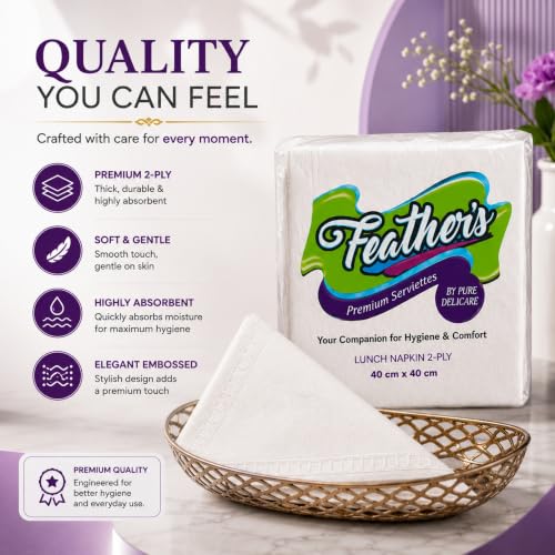 Image of Feather's Premium Tissue Paper Napkin | 2Ply, 50 pulls per pack, Pack of 3, 40 X 40 cm | Naturally White, Super Strong & Absorbent | Extra Soft Luncheon Paper Napkin | Best for Serving & Daily Use