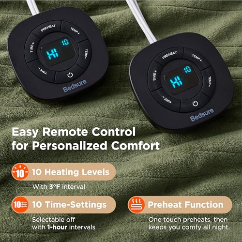 Image of Bedsure Electric Blanket King Size - Dual Control Heated Blanket King Size, Fast Heating with 10 Time Settings & 10 Heat Settings, Warm Gift for Grandma (100x90 inches, Olive Green)