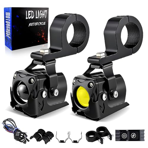 APMAT Motorcycle Lights LED Auxiliary Spotlights Driving Fog Light, with Mount Brackets 7 Modes White/Amber Dual Color Strobe Switchback for Motorcycle Electric Bike, 2PCS