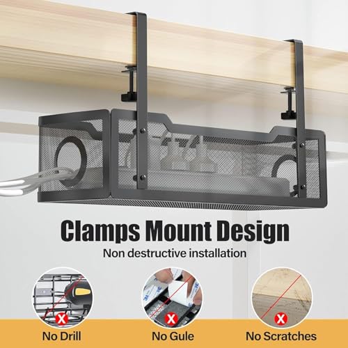 Image of Cable Management Tray for Desk with Mobile Stand | Under Desk Cable Organizer and Cable Manager for Table | Home & Office Cable Management Solution (Black)