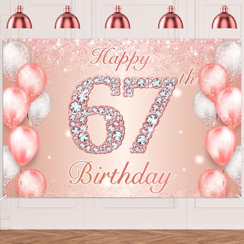 Image of Happy 67th Birthday Rose Gold Banner Cheers to 67 Years Old Backdrop Confetti Balloons Theme Decor for Women 67 Years Old Pink Birthday Party Decorations Bday Supplies Background Favors Gift Glitter