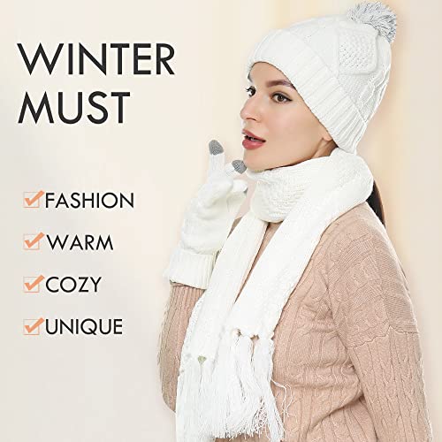 Hat Gloves Scarf Set for Women, Winter Beanie Warm Knit Pom Hat Touch Screen Glove Long Scarf 3pcs Winter Gift Set for Women2