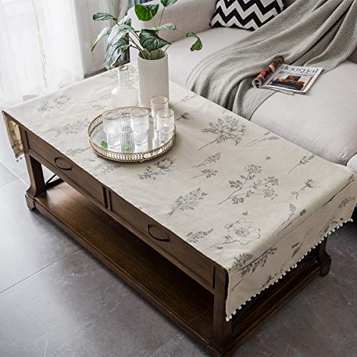 YongXinMY Housse de table à café avec poches et pompons - Nappe rectangulaire en lin de coton jacquard polyvalente rustique, anti-poussière et anti-rides...