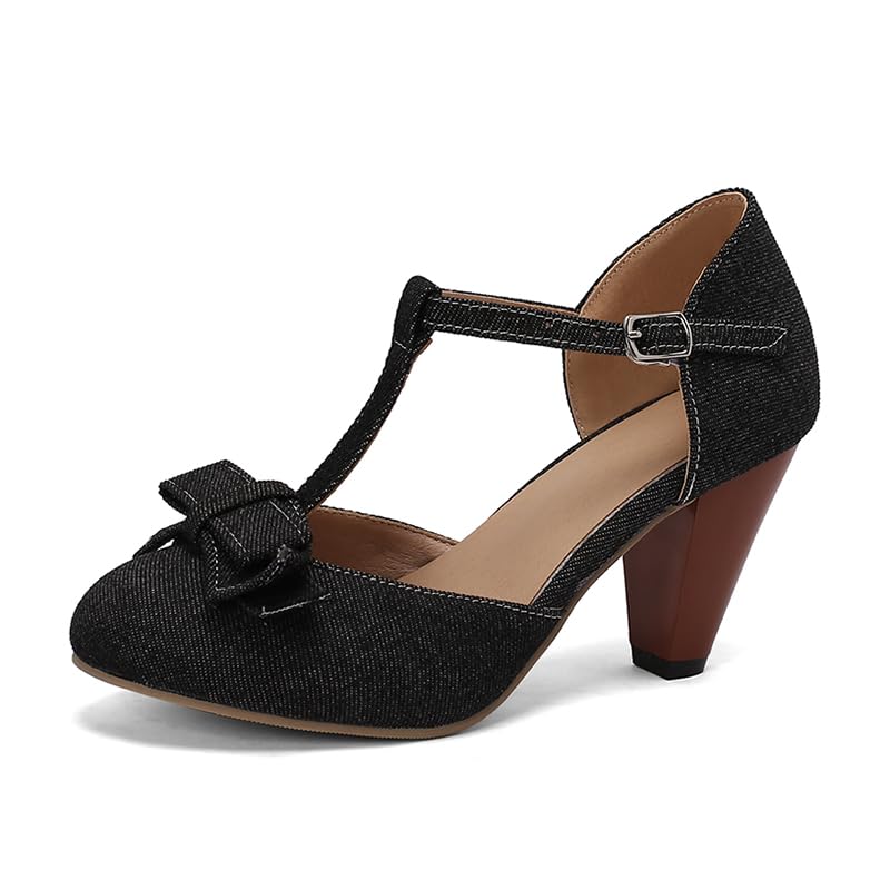 Image of Elbslutt Women's Cute Retro Rockabilly Shoes T Strap Mary Janes Heels Chunky Cosplay Shoes Sweet Block Heeled Bow Pumps