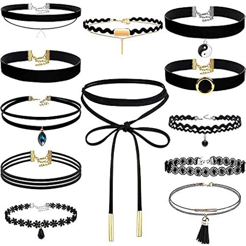 Choker Necklace for Women, Shynek 12 Pcs Black Choker Necklace Set Black Lace Tattoo Velvet Chokers for Women and Teen Girls Cover