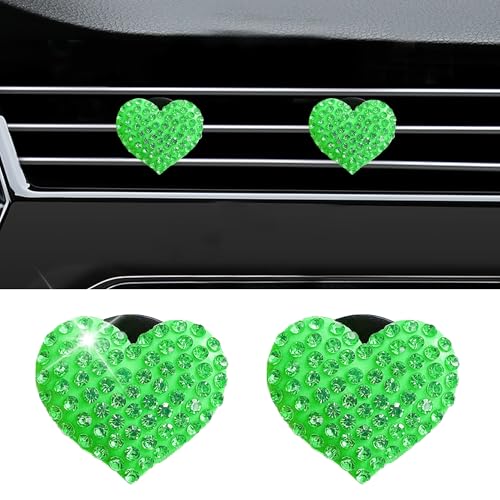 Image of Car Bling Air Vent Clips, 2 Pcs Bling Heart Charm Air Conditioning Outlet Clip, Crystal Rhinestone Accessories, Car Interior Decoration Cute Accessories for Women Girls (Green, Vanilla)