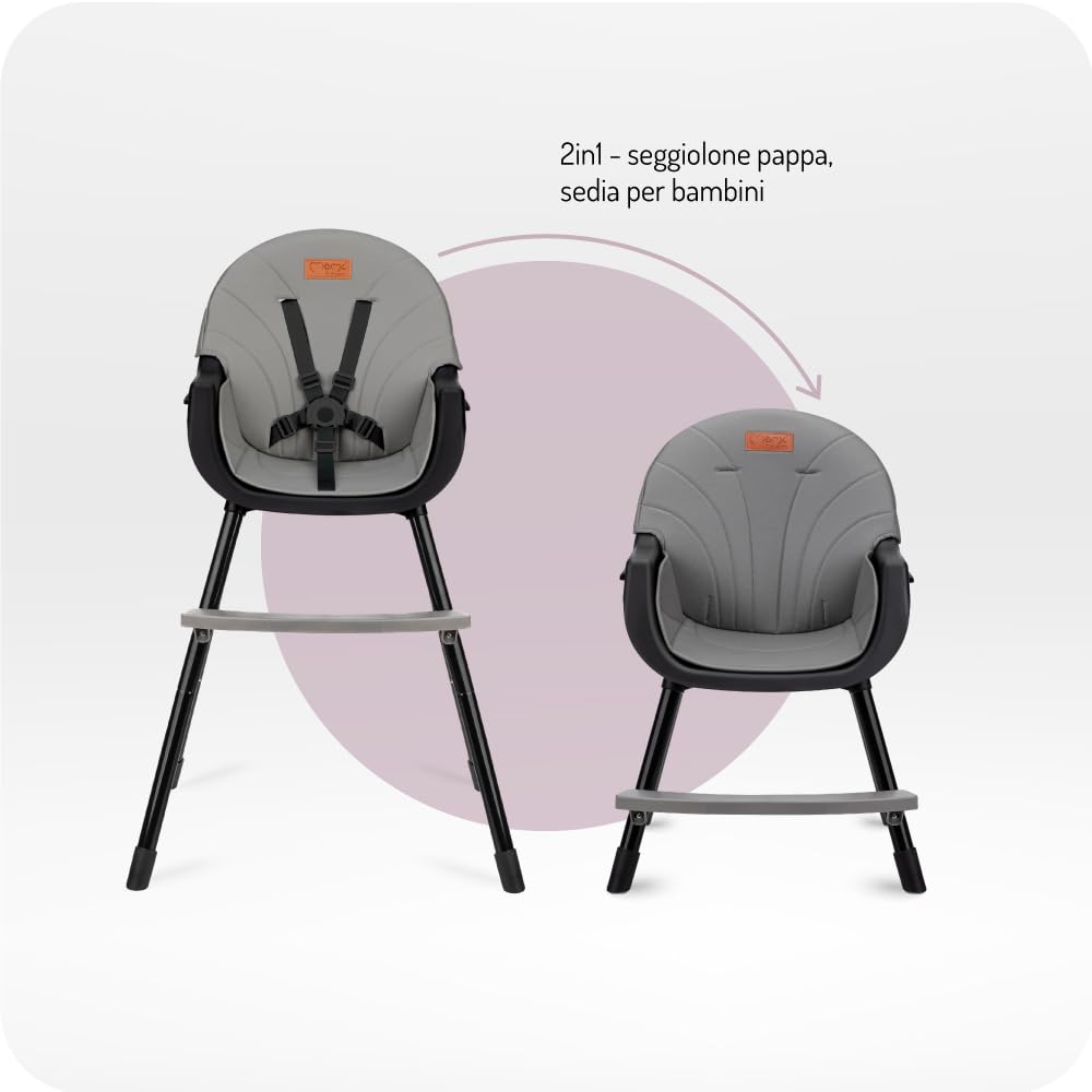MoMi Seggiolone Pappa Evolutivo 3 in 1 - Sedia Evolutiva per Bambini da 6 a 36 Mesi - Cinture di sicurezza, Rivestimento in ecopelle, Poggiapiedi, Portabicchiere, Gioco con Ventosa - Nero