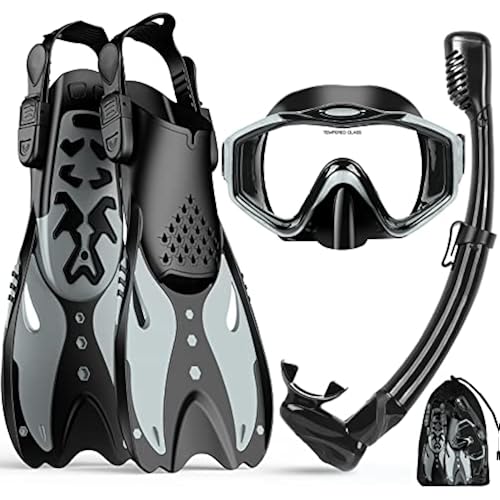 KUYOU Mask Fins Snorkeling Gear for Adults - Wide View Anti-Fog Mask, Full Dry Top Snorkel Gear Set