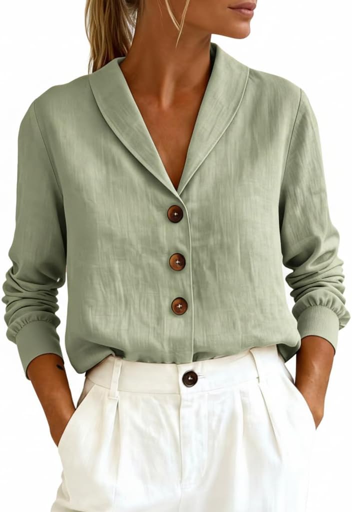 Women's Casual Cotton Linen Button Up V Neck Lapel Shirt Spring Summer Long Sleeve Loose Tunic Office Work Blouse Tops