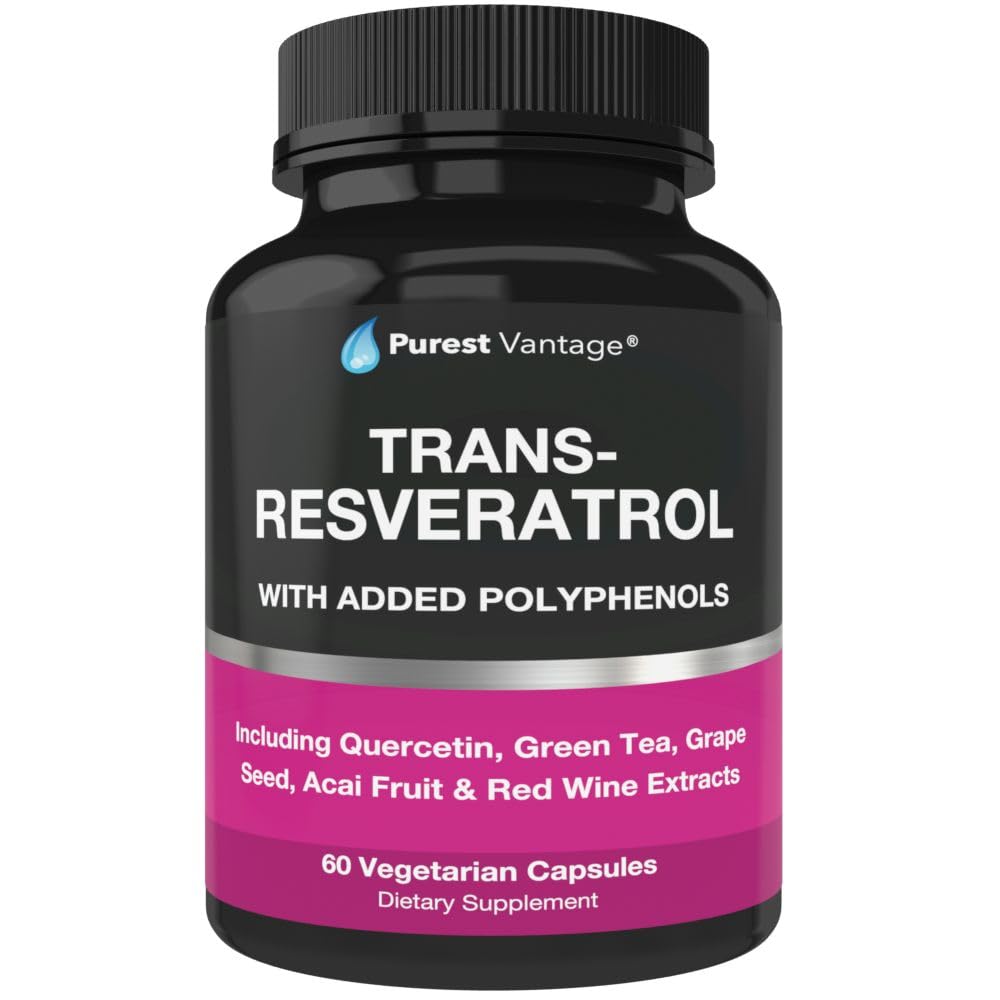 Purest vantage Resveratrol Supplement - Potent 1400mg Formula with Trans Resveratrol, Quercetin, Grape Seed, Green Tea, Acai and Red Wine Extract - 60 Veggie Capsules
