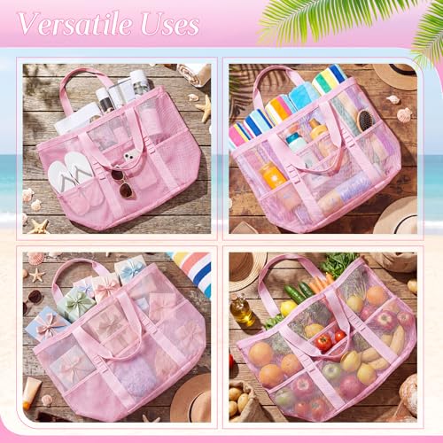 Image of Hillban Large Beach Mesh Bags Bulk for Women Beach Tote Bag with 8 Pocket Zipper Waterproof Sandproof for Pool Cruise Ship