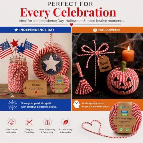 Image of LITO LINEN AND TOWEL 100% Cotton Twine Macrame Thread | Natural Cotton String for Cooking, Baking, Wrapping, Crafts, DIY Garden Decor & Gift Packaging (Red & White, 200 FEET)