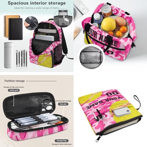 Personalized Softball Print Backpack for Girls Pink Camouflage School Bag Kids Backpack Set Daypack with Lunch Bag, Pencil Case and Book Cover3
