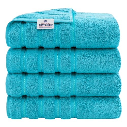 American Soft Linen Luxury 4 Piece Bath Towel Set, 600 GSM 100% Cotton Turkish Bath Towels for Bathroom, 27x54 in Extra Large Bathroom Shower Towels, Aqua Blue