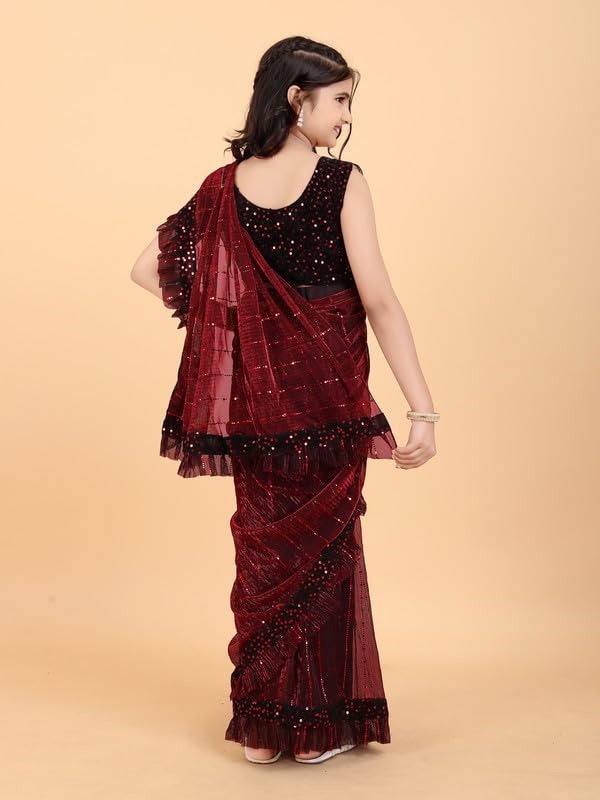 Image of Kids Supernet Tikli Work Ready to Wear Saree with Unstitched Blouse Piece | Traditional Ethnic Saree for Girls | Pre Stitched Festive Dress for School Function, Cultural Events & Wedding
