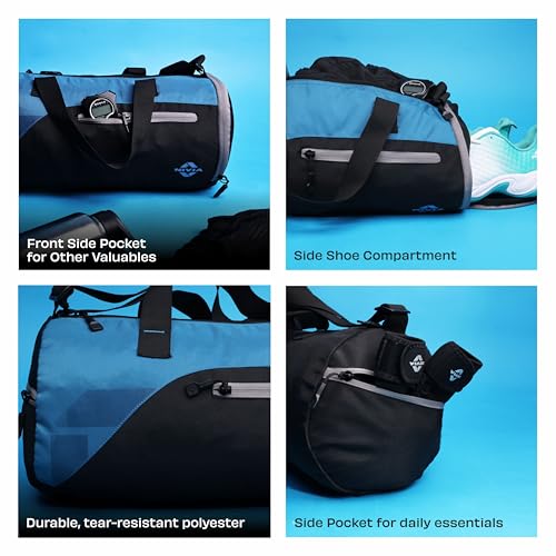 Image of Nivia Fuse Gym Duffle Bag for Men and Women, 25L Lightweight Training and Travel Bag with Shoe Compartment, Quick Access Pockets, and Adjustable Strap, Designed for Athletes, Travel (Black /Blue)