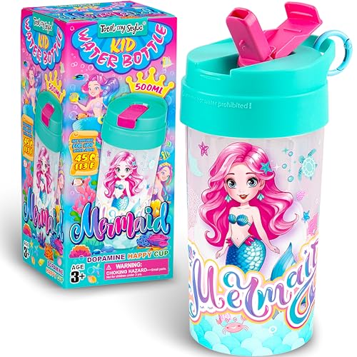 Image of 17oz Mermaid Kids Water Bottle, Total My Style Toddler Spout Cover and Carry Handle Design Lid Leak Proof BPA free Cup for Girls Ages 3+ Dishwasher Safe for Sports School Travel with Silicon Straw