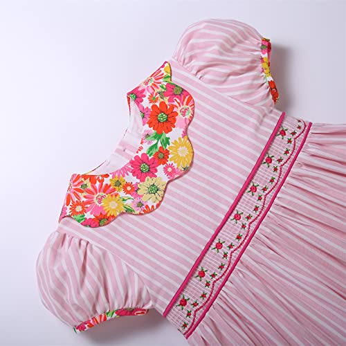 Girls Cute Pink Stripe Casual Smock Clothing Teenage Kids Pretty Smocked Embroidery Party Dresses3