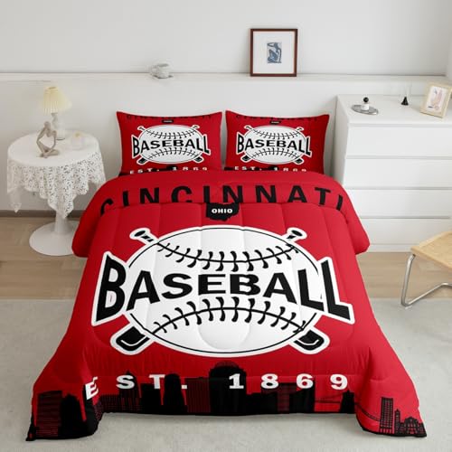 Erosebridal Full Size Baseball Bedding Set, Sports Games Comforter Set for Kids Boys Teens, Baseball City Duvet Insert American City Silhouette Down Comforter with 2 Pillow Cases, Red Black