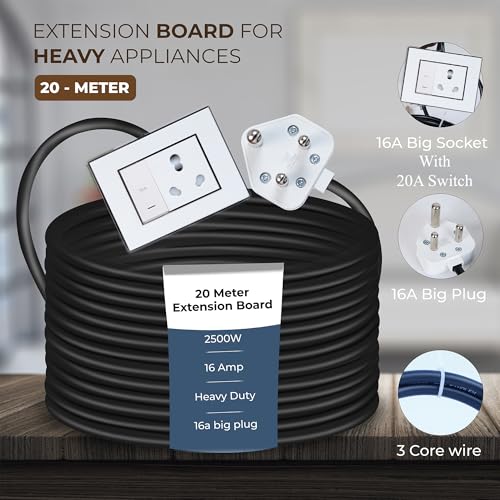 Image of Extension Board Heavy Duty Multi Socket 15A /16A /20 (2500 Watts 16A Big Plug and 20A Switch, 20 Meter)