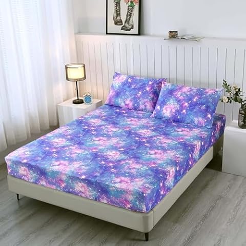 SDIII 3PCS Colorful Space Full Size Fitted Sheet Set, 1 Fitted Sheet and 2 Pillowcases, Bed in a Bag Galaxy Full Fitted Sheet, Soft Full Sheet Set for Kids Boys and Girls Cover