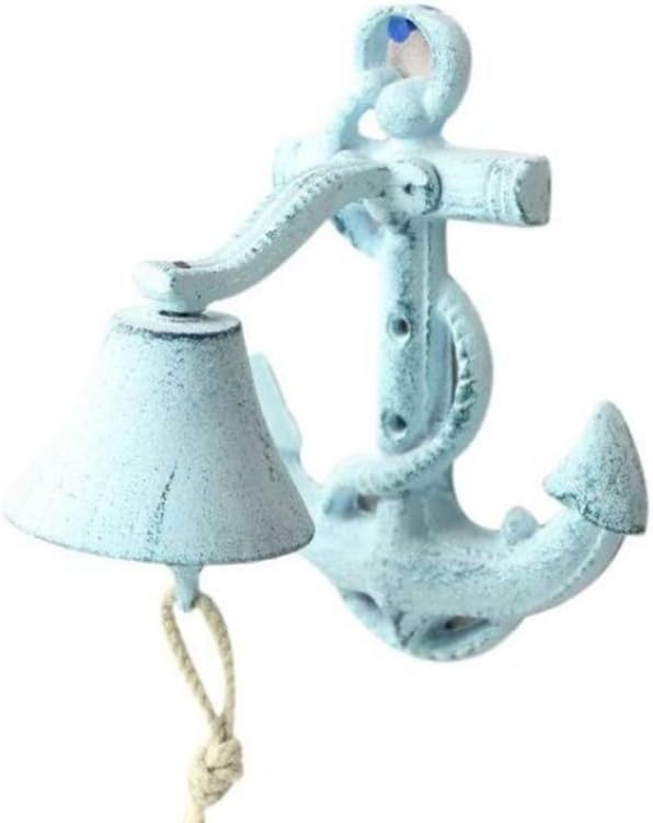 Hampton Nautical Cast Iron Wall Mounted Anchor Bell, 8", Dark Blue/Whitewashed