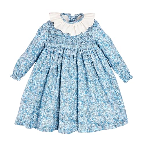 Twoflower Girls Vintage Autumn Long Sleeve Smocking Clothing Kids Toddler Hand Embroidery Floral Fully Smocked Dresses
