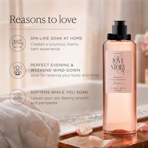 Image of Kimirica Love Story Bubble Bath Bottle, 100% Vegan and Paraben Free with Goodness of Ginkgo Biloba & White Tea Extracts, Pro-Vitamin B5, Aloe Vera & Vitamin E, 290 ml
