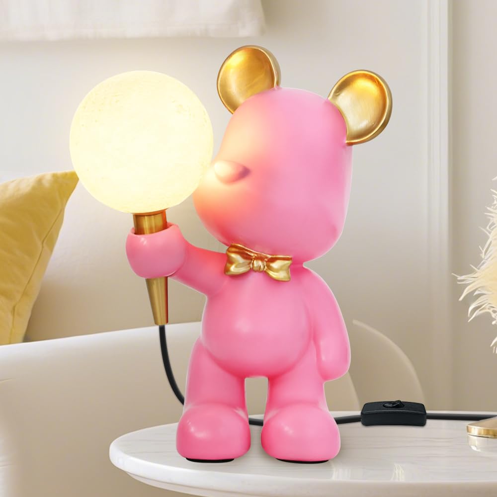 Lampara Escritorio Niña Rosa,Lamparas de Mesita de Noche Resina,Lindo luz Infantil Nocturna,Osito Diseño,Esférico Pantalla,Lampara Mesita ideal para Dormitorio,Habitación Infantil,Sala de Estar