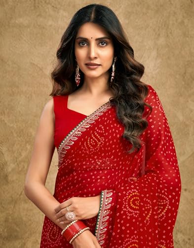Image of SIRIL Women's Georgette Bandhani Printed Saree, Traditional Wedding Sarees For Women With Unstitched Blouse Piece