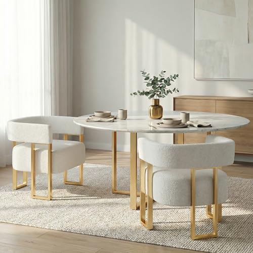 Image of Boucle Dining Chairs Set 2, White Upholstered Accent Armchairs, Gold Legs | STHOUYN Mid Century Modern Barrel Style, Gold Metal Legs, Kitchen Living Room Apartment