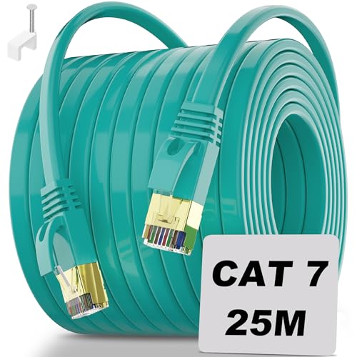 LAN Kabel 25 Meter, Cat 7 Netzwerkkabel 25m d&uuml;nn Internetkabel Outdoor, Ethernet Kabel Hochgeschwindigkeits 10000Mbit/s Patchkabel, Schirmung FTP Patchkabel Flachbandkabel Au&szlig;en Wlan Kabel (25 Clips)