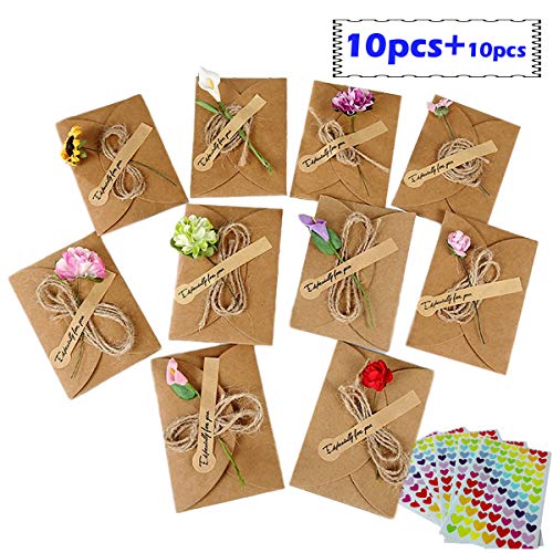 Biglietto di Auguri Buste Cartolina Retro Carta Kraft Vuote Fatti a Mano Fiori Finti Fai da Te,Buste Cartoncini Augurali, Retrò Carta Kraft Fiori Secchi Decorato Cartolina Buste Retrò Kraft