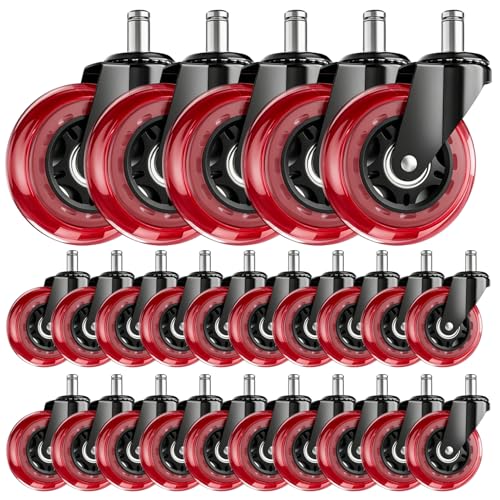 Image of 3 Inch Office Chair Wheels, Set of 25 (Red) | Heavy Duty Replacement Casters for Hardwood Floor & Carpet, Smooth Quiet Roll, Universal 11mm Stem, Non-Marking PU Wheels