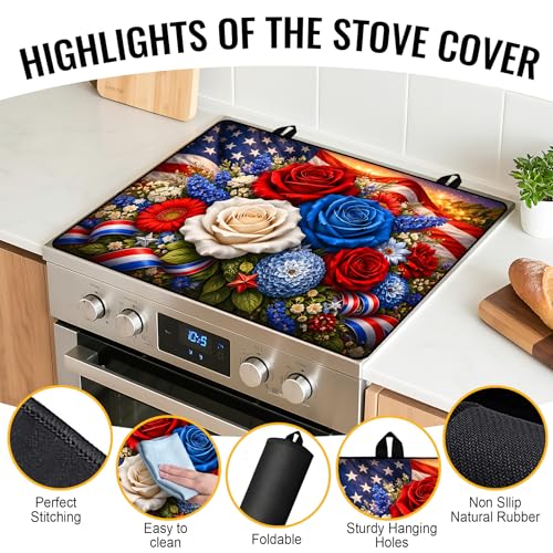 Image of Stove Top Covers for Electric Stove, Glass Stove Top Cover 28.5x20.5 in | Heat Resistant, Non-slip, Use on Electric or Ceramic Stove Protector, Dish Drying Mat, Floral Kitchen Decor