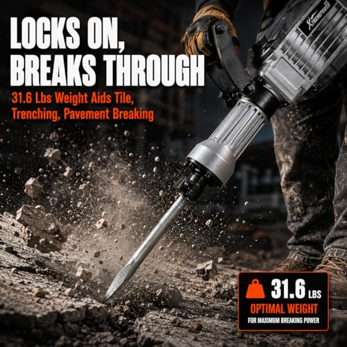 Image of XtremepowerUS 3600W Demolition Jack Hammer Concrete Breaker, 15 Amp Electric Jackhammer, 30mm Hex Shank, 50J Impact Energy, 1400 BPM, AVC System, 360 Side Handle, Flat & Point Chisels Included