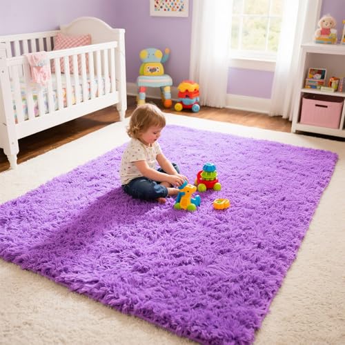 Purple Area Rugs for Girls Bedroom Living Room, 5x8 Fluffy Fuzzy Shaggy Carpet for Kids Playroom Nursery, Thick Soft Plush Mat for Kids Baby Boys Teen Dorm Home Decor Aesthetic